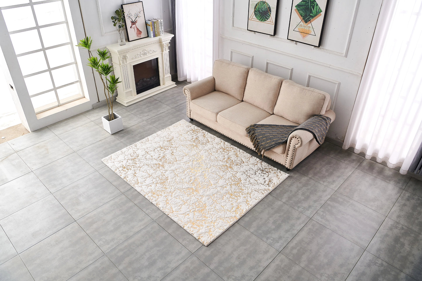 White and Gold Gilded Chinchilla Faux Fur Rug