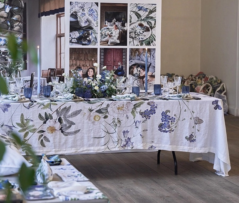 Blue Flower Garden Linen Tablecloth