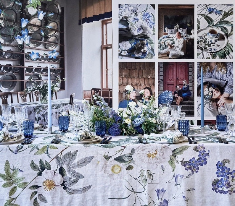 Blue Flower Garden Linen Tablecloth