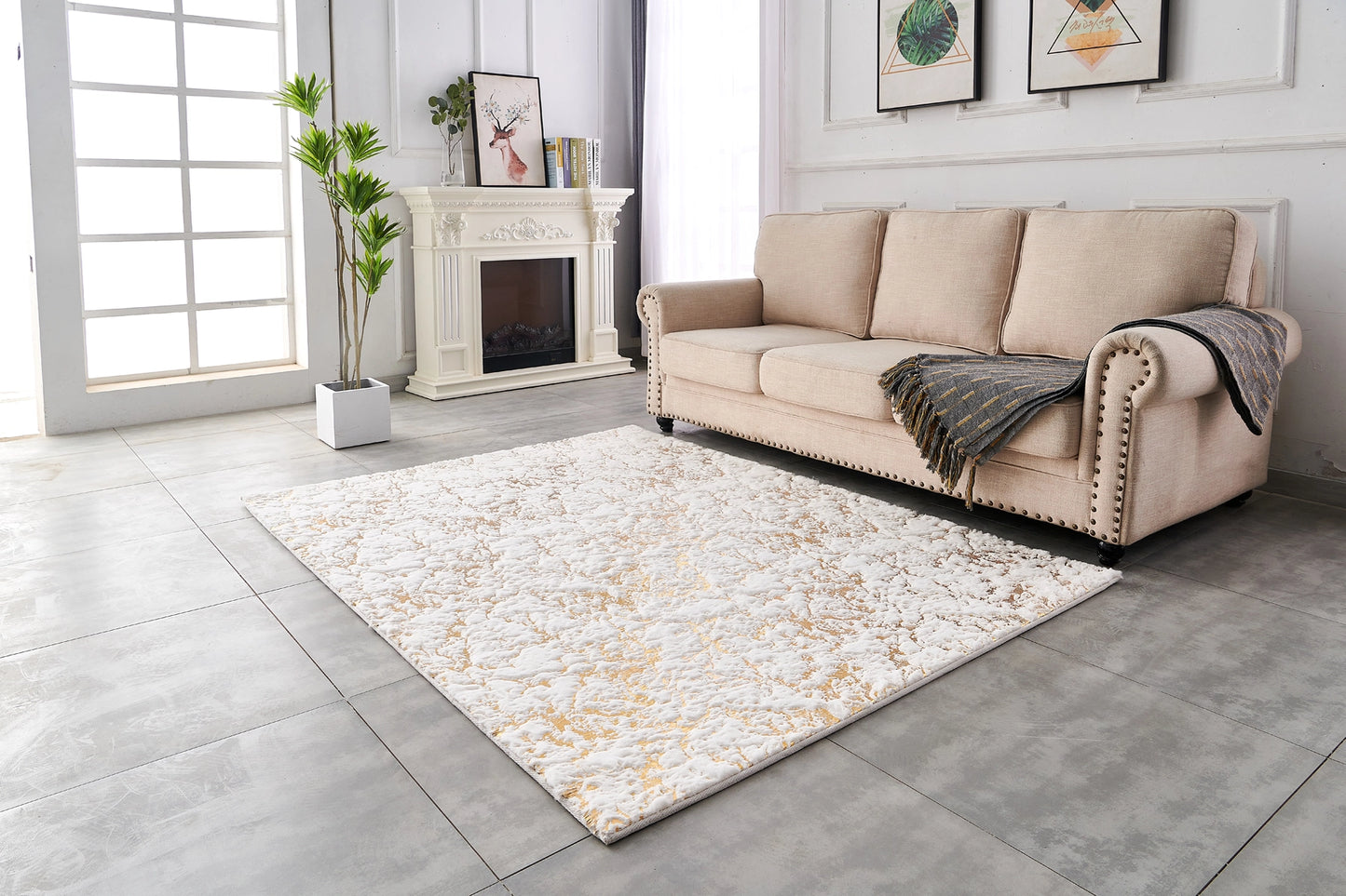 White and Gold Gilded Chinchilla Faux Fur Rug